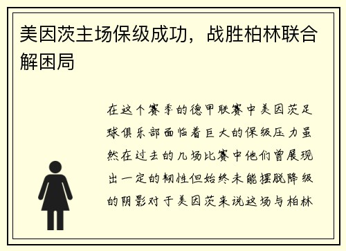美因茨主场保级成功，战胜柏林联合解困局